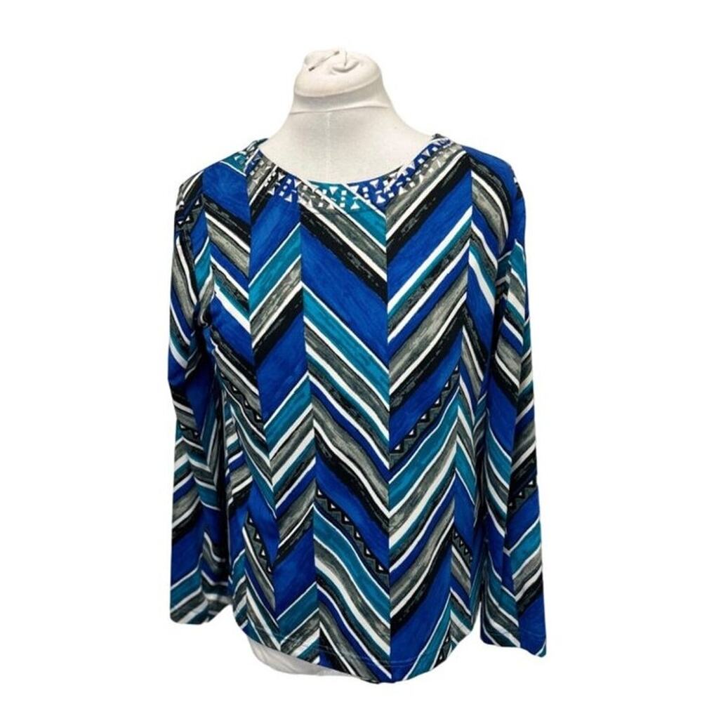 Links Women’s Long Sleeve Top Geometric Chevron Studded Neckline Blue/Black M